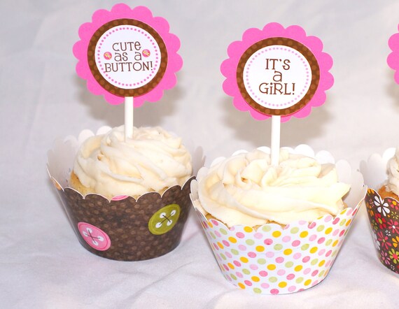 Cute as a Button Girl Cupcake Toppers Baby shower or 1st birthday Pink