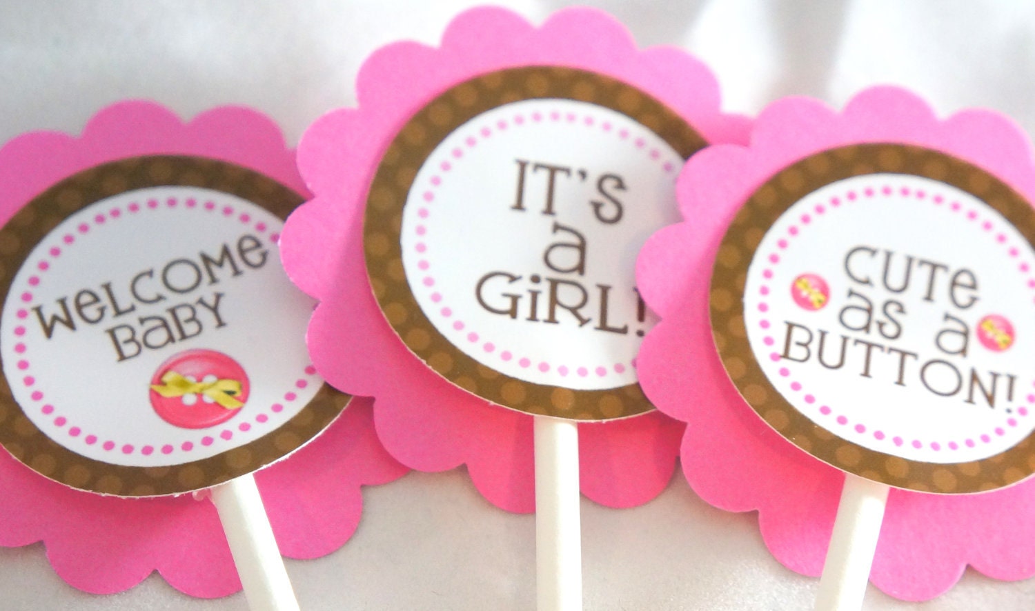 Cute as a Button Girl Cupcake Toppers Baby shower or 1st birthday Pink
