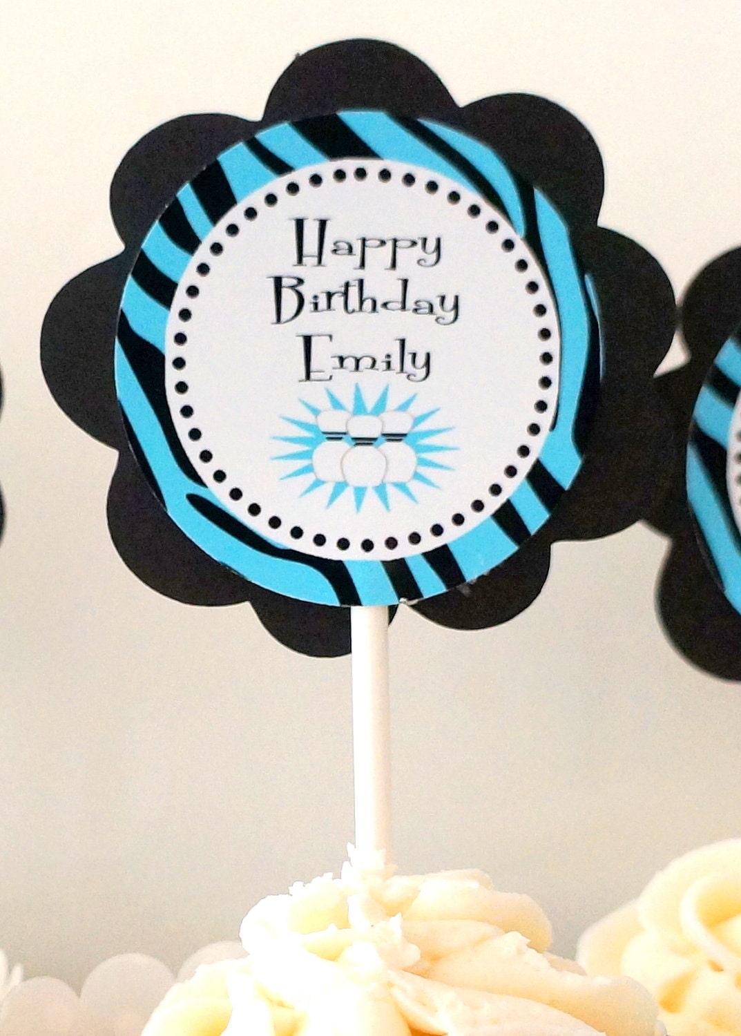 Zebra and Turquoise Bowling cupcake Toppers for Girl Bowling Birthday Party