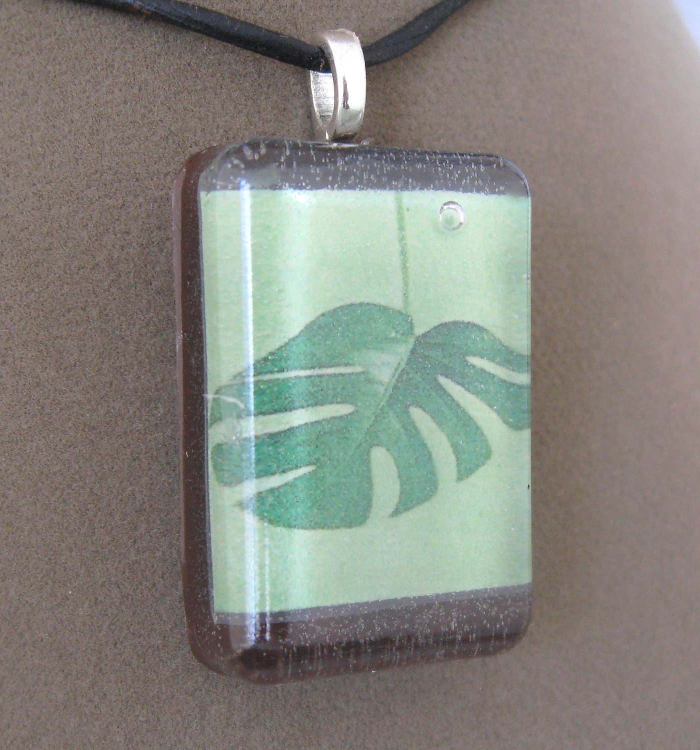Green Philodendron Leaf Pendant Necklace