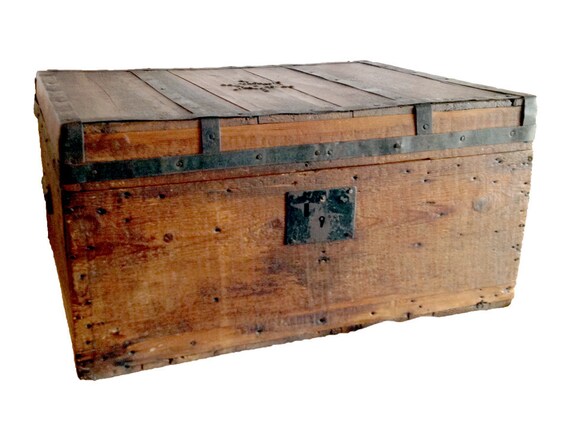 Small Antique Wooden Slat & Iron Pine Trunk - Folk Art - Primitive