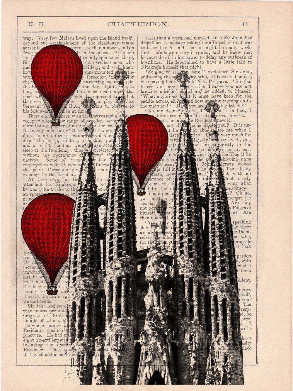Vintage Book Print - Barcelona Sagrada Familia Balloon Ride Print on Vintage Book art Gaudi Holy Family