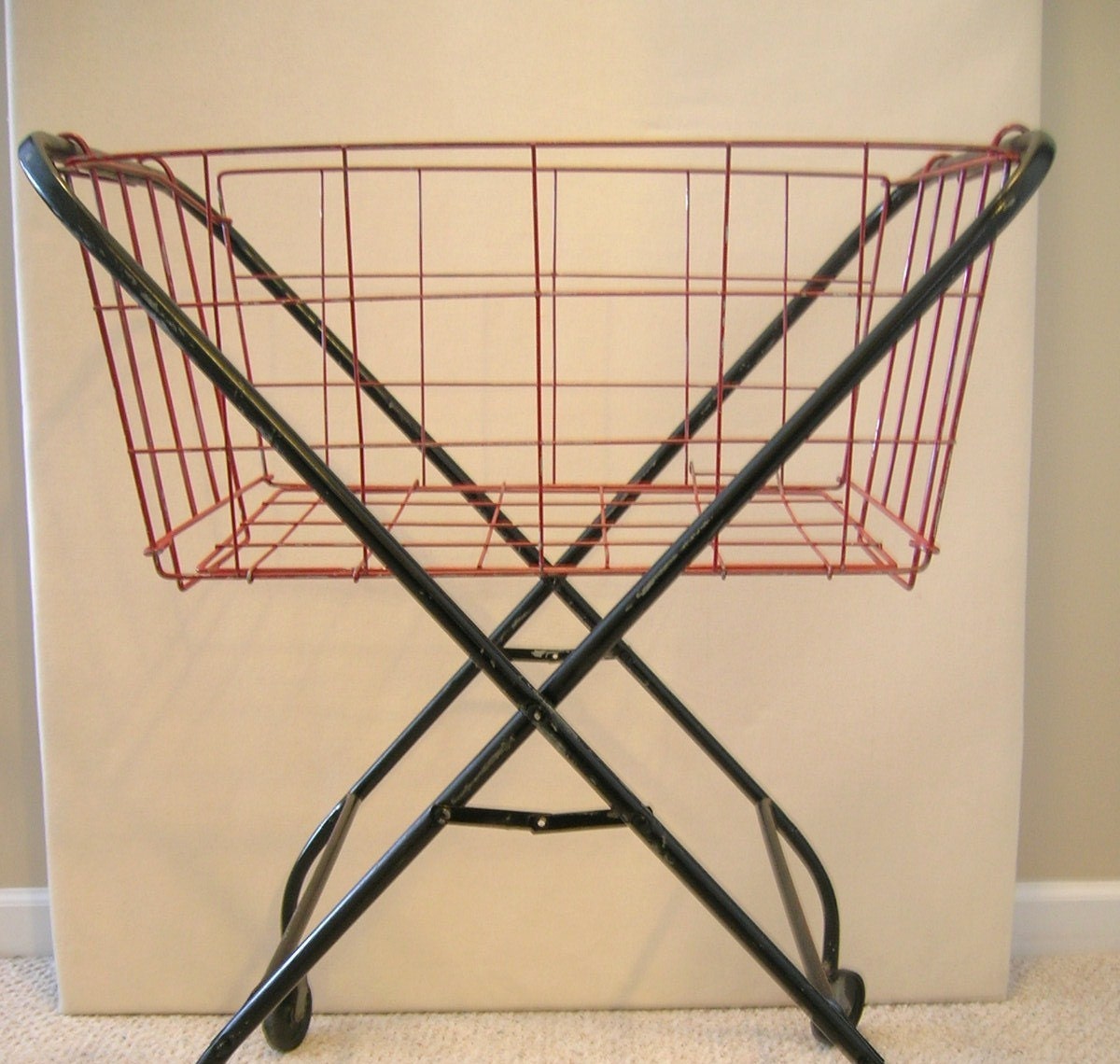 Vintage Industrial Folding Wire Laundry Basket Shabby Black and Red