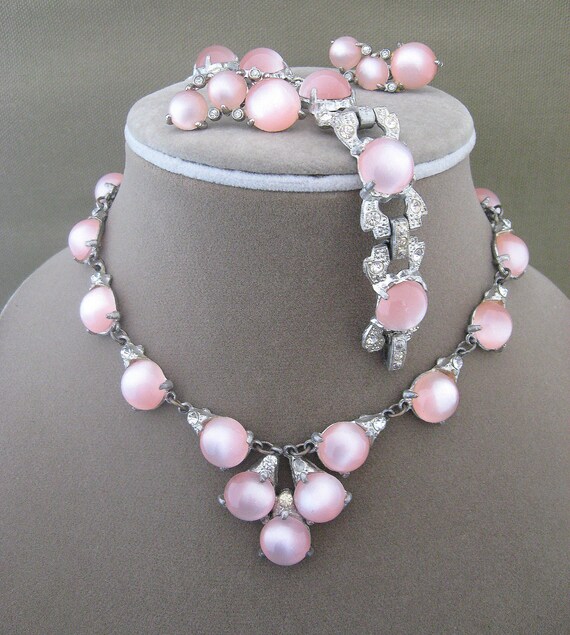 Pink Moonstone Vintage Necklace Demi Parure Set