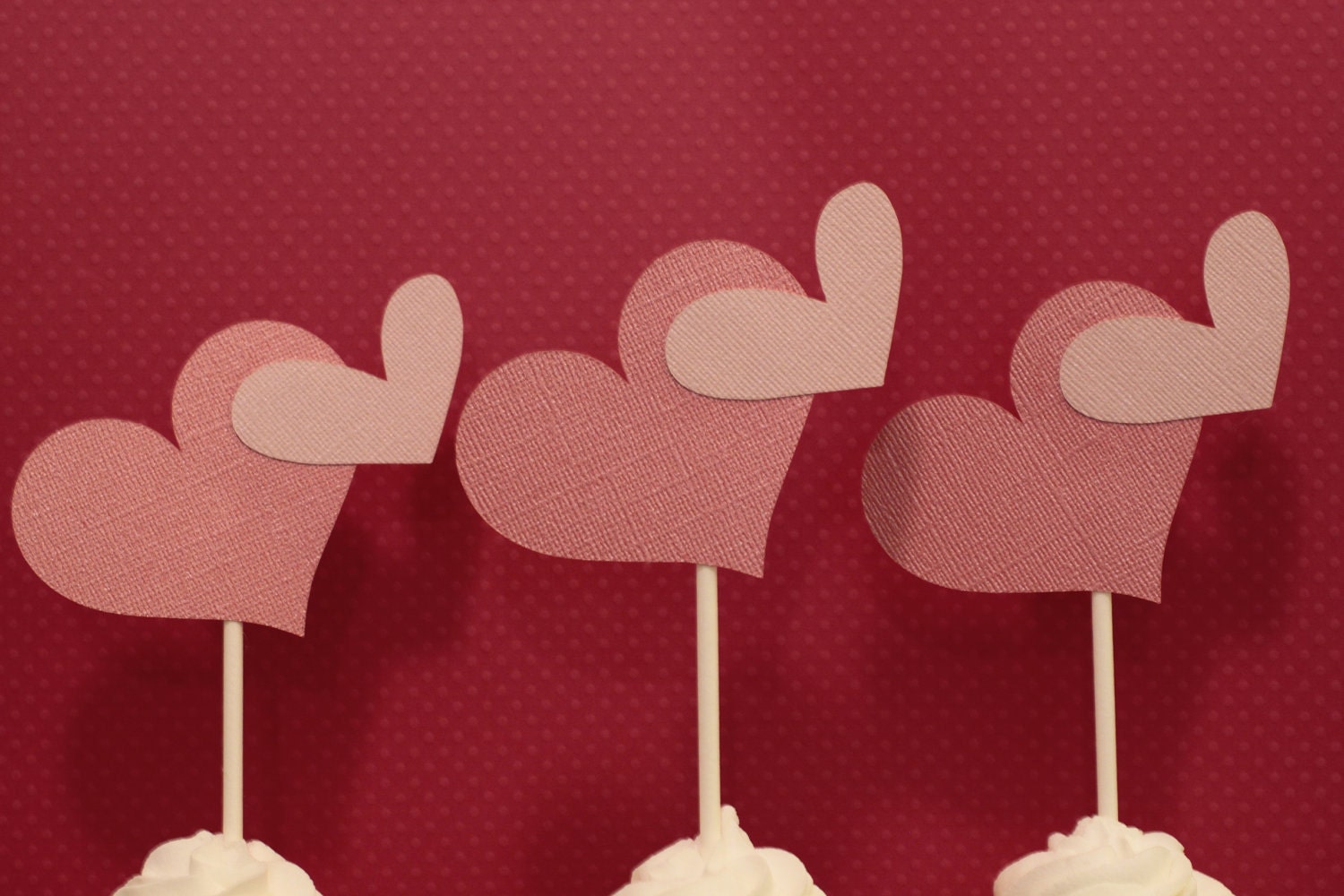 2 Pink Hearts Valentines Day Cupcake Toppers