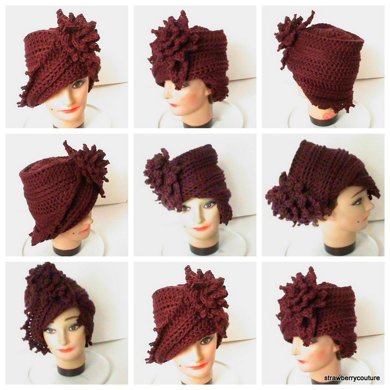 Womens Crochet Hat - Crochet Cloche Hat - Cotton Hat in Aubergine - Crochet Flower and Leaf - Spring Accessories Spring Fashion