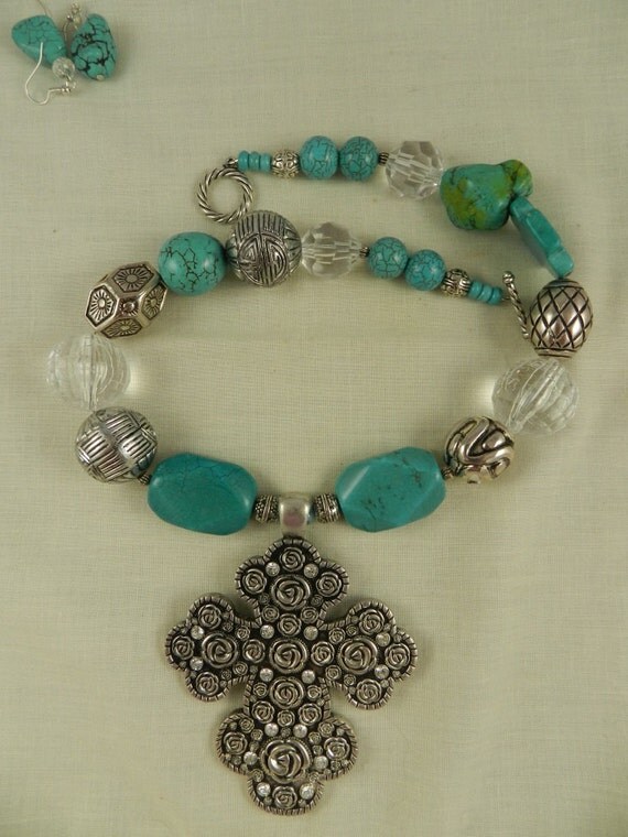 Chunky Turquoise Necklace Cross Rose