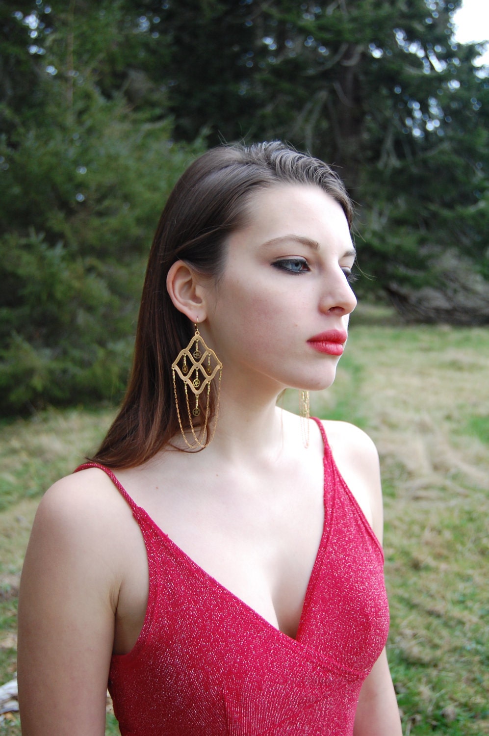 Lightweight Chandelier Earrings--Dramatic Brass Frames with Shimmering Watch Gears Peeking Thru Windows