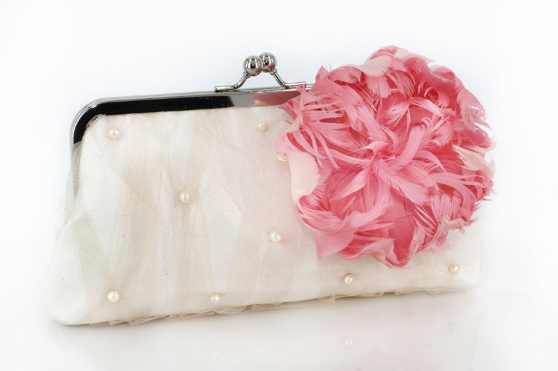 Honeysuckle Feather Peony Brooch with Ivory Bridal Clutch  8-inch LAFORET