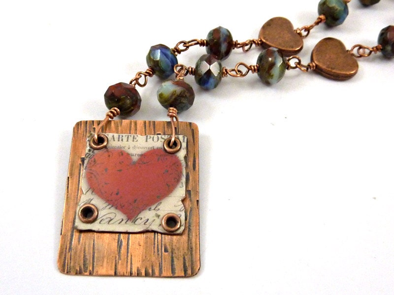 Red Heart Collage Necklace Copper Resin Pendant Czech Beads Cold Connected