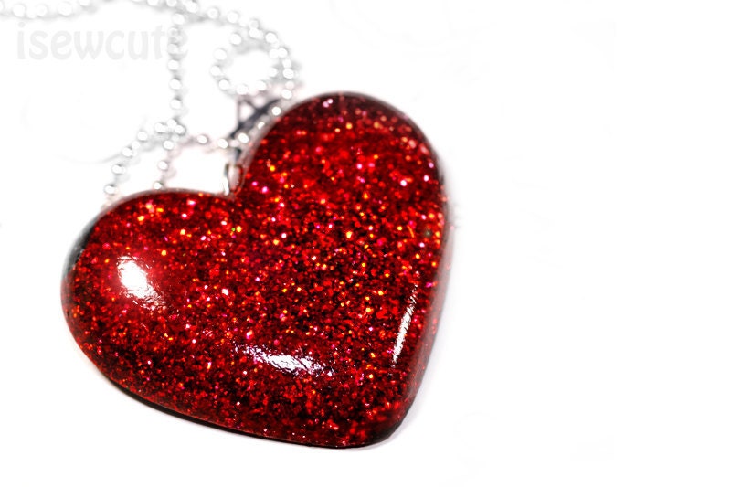 Red Hot Heart Resin Glitter Pendant Big Bold Statement Necklace by isewcute
