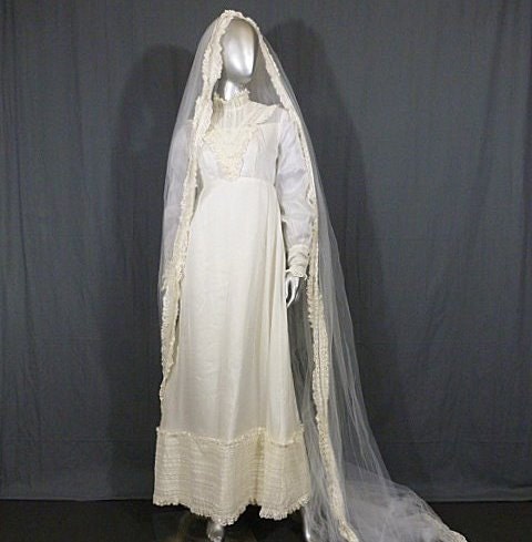 1970s Victorian Wedding Gown with Long Chapel Train Veil Ethereal