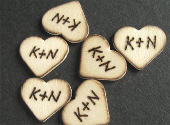 6 Wooden Hearts Custom Engraved Wood Tags Wedding Monogram Personalized 
