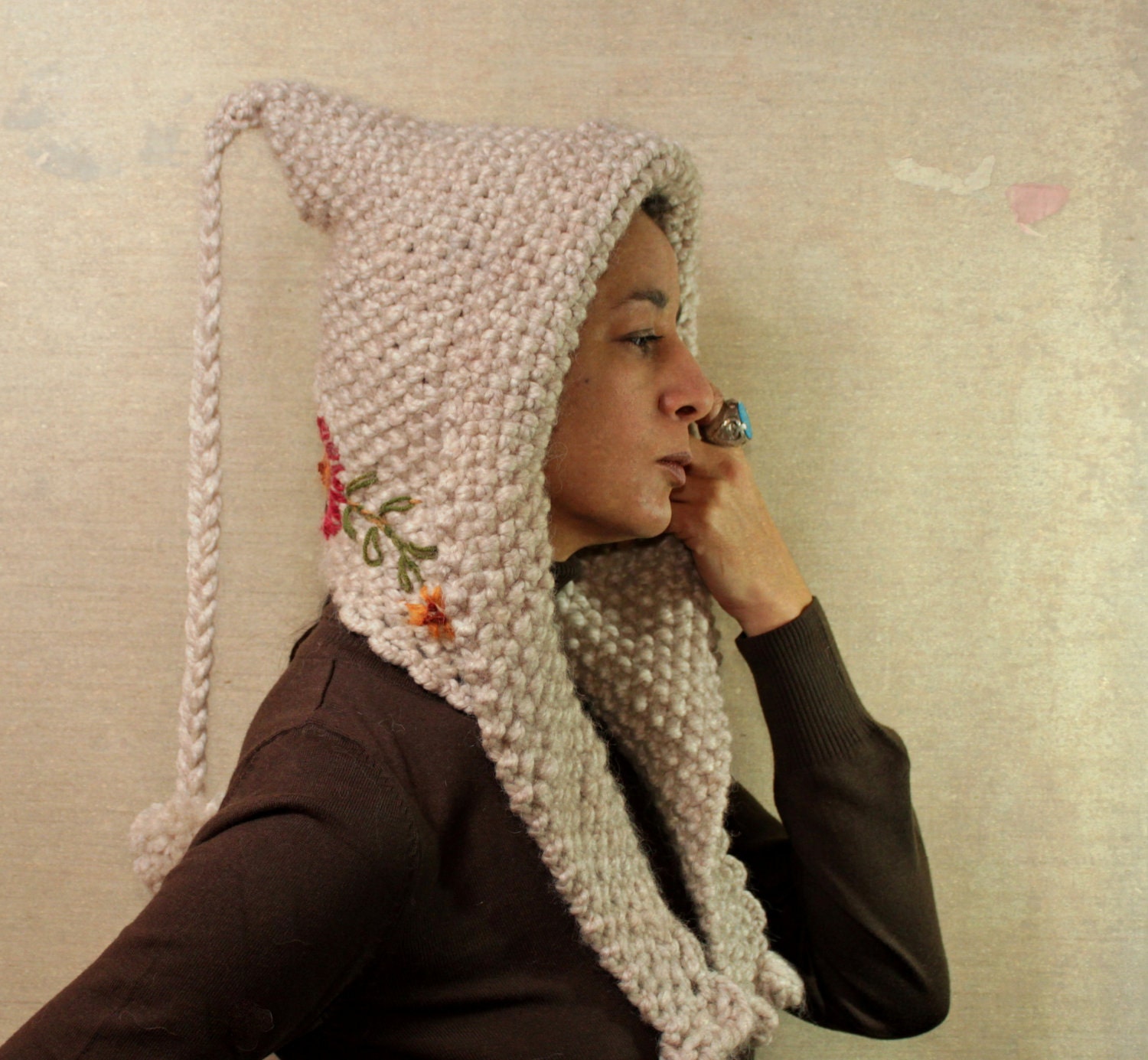 Hand Knit Hat / Hoodie Hood / Beanie, Ear Flap / Pure Wool / Hand Embroidery Flowers / Winter Accessories