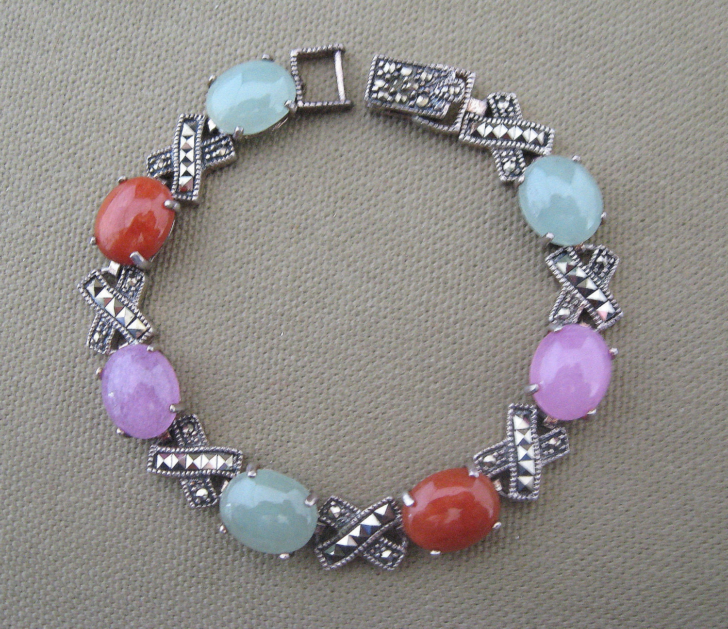 Multi Color Gemstone Bracelet Vintage Signed  Sterling