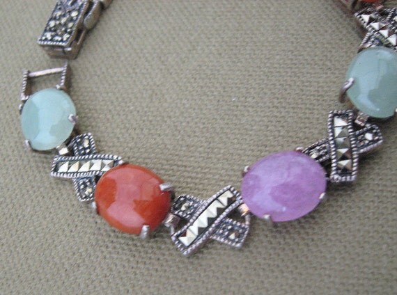 Multi Color Gemstone Bracelet Vintage Signed  Sterling