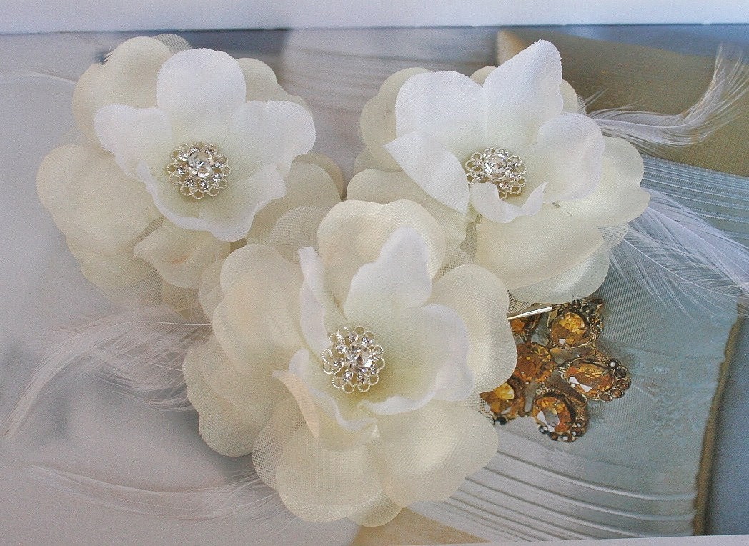 Rhinestone Bridal Hair Flowers, Ivory, Hair, Wedding, Bridesmaids