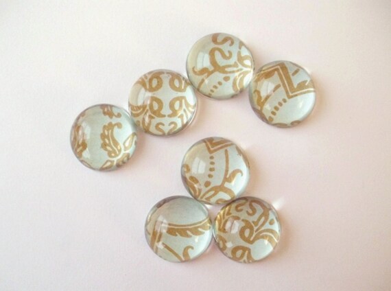 Spring Magnets, Set of 7, Bubble Magnets, Acrylic, Aqua and Gold Scroll Pattern - Teacher Gift