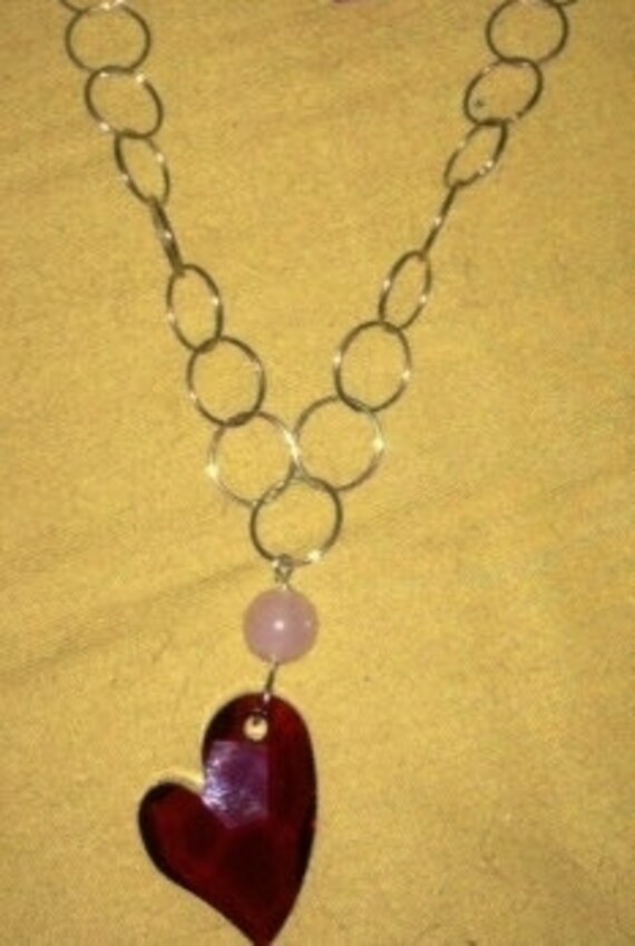 Red Swarovski Heart and Rose Quartz Set in Sterling Silver Necklace