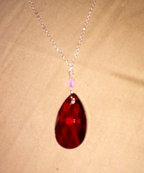Large Red Swarovski Teardrop with Opal Set in Sterling Silver