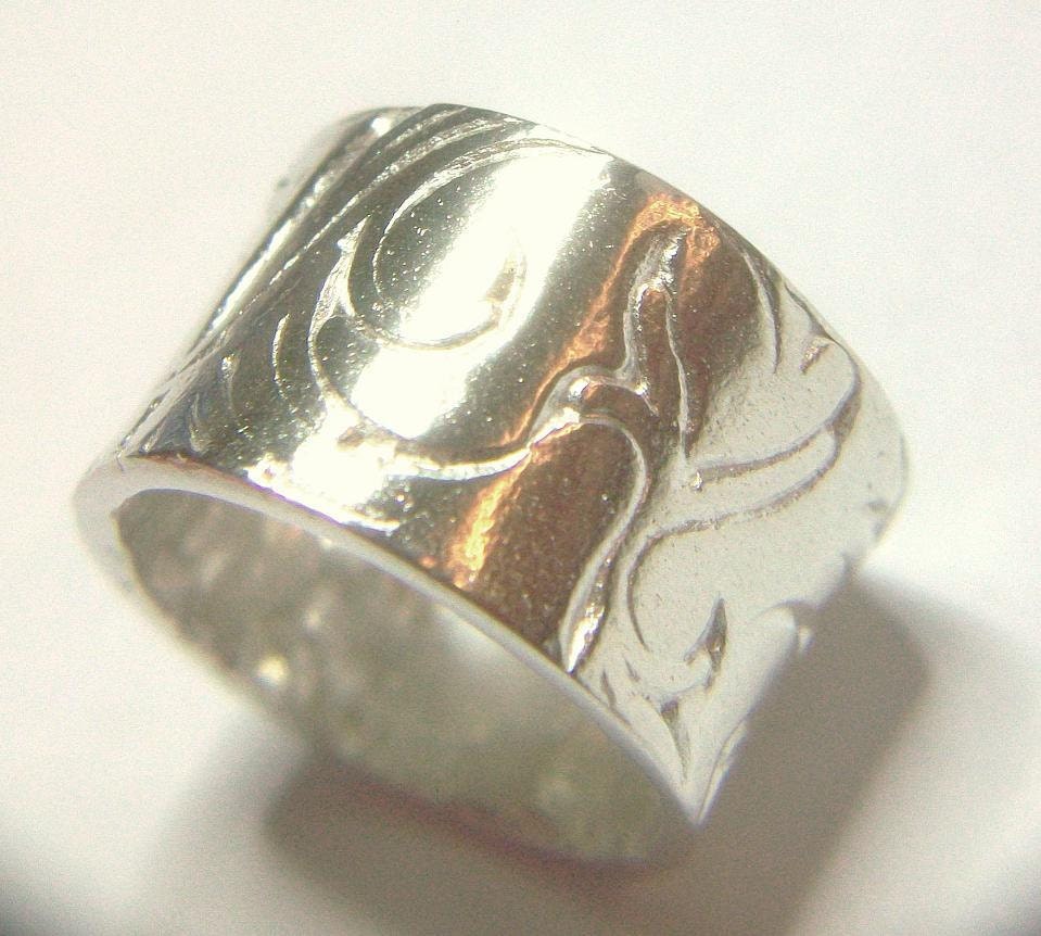 Silver Wide Band Ring Swirl Vine