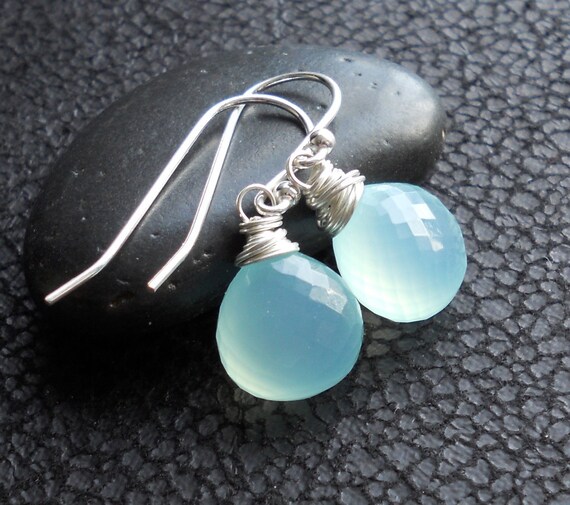 Chalcedony Earrings - Sterling Silver Wire Wrapped Seafoam Chalcedony