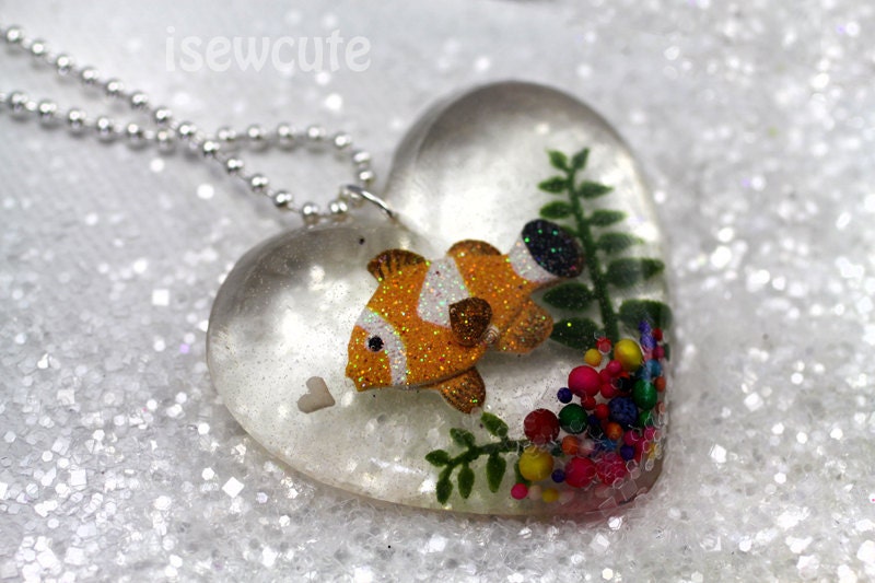 Clown Fish in Heart Shape Bowl Necklace Handmade from Clear Resin & Sprinkles...  by isewcute