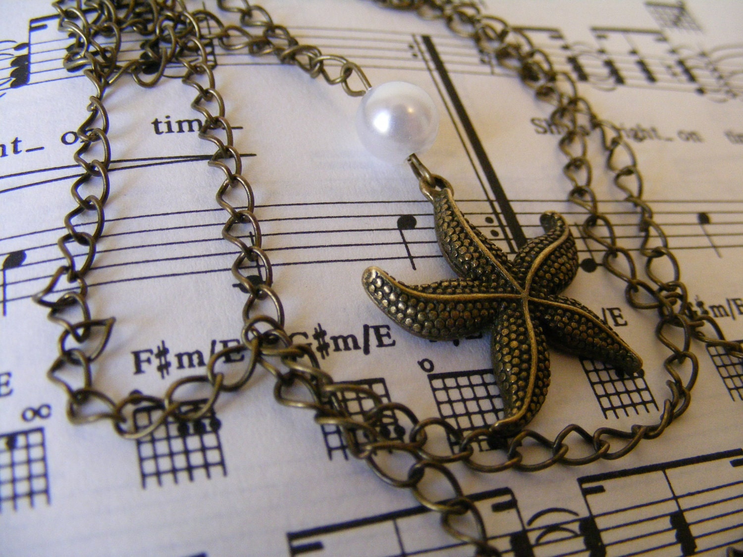 Long Necklace Bronze Starfish and Pearl