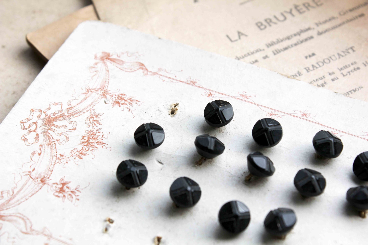 Antique French Jet Shank buttons (16) on genuine distressed card