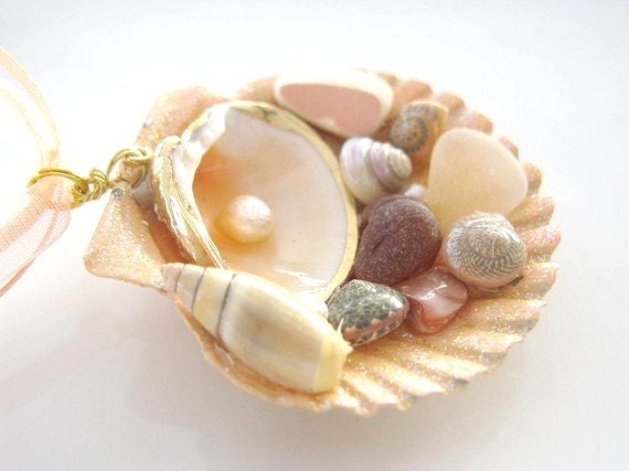 Seaglass and Shell Necklace beach pottery pearls peach