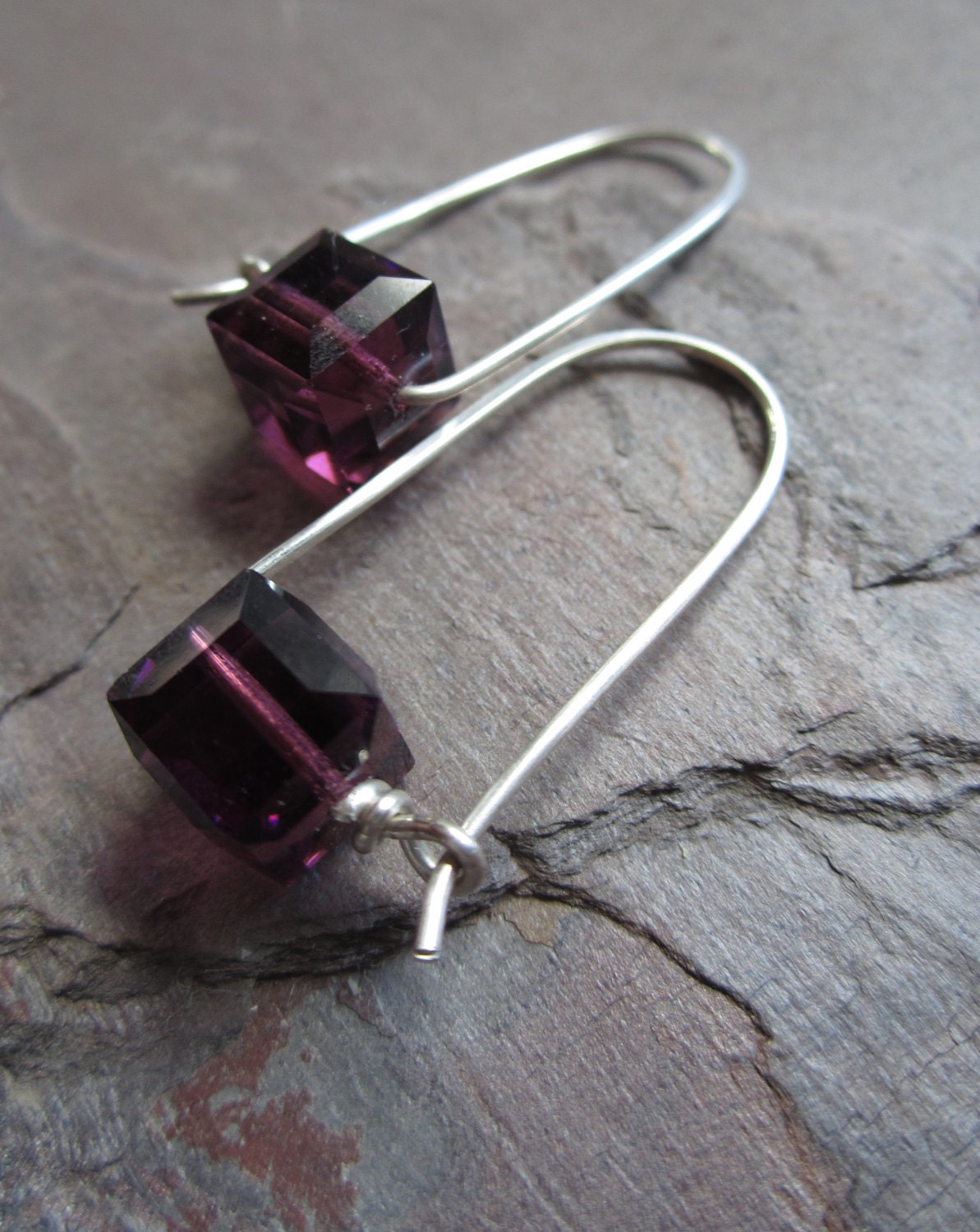 Belle Earrings - 8mm Swarovski Crystal Cubes & Sterling Silver, Amethyst