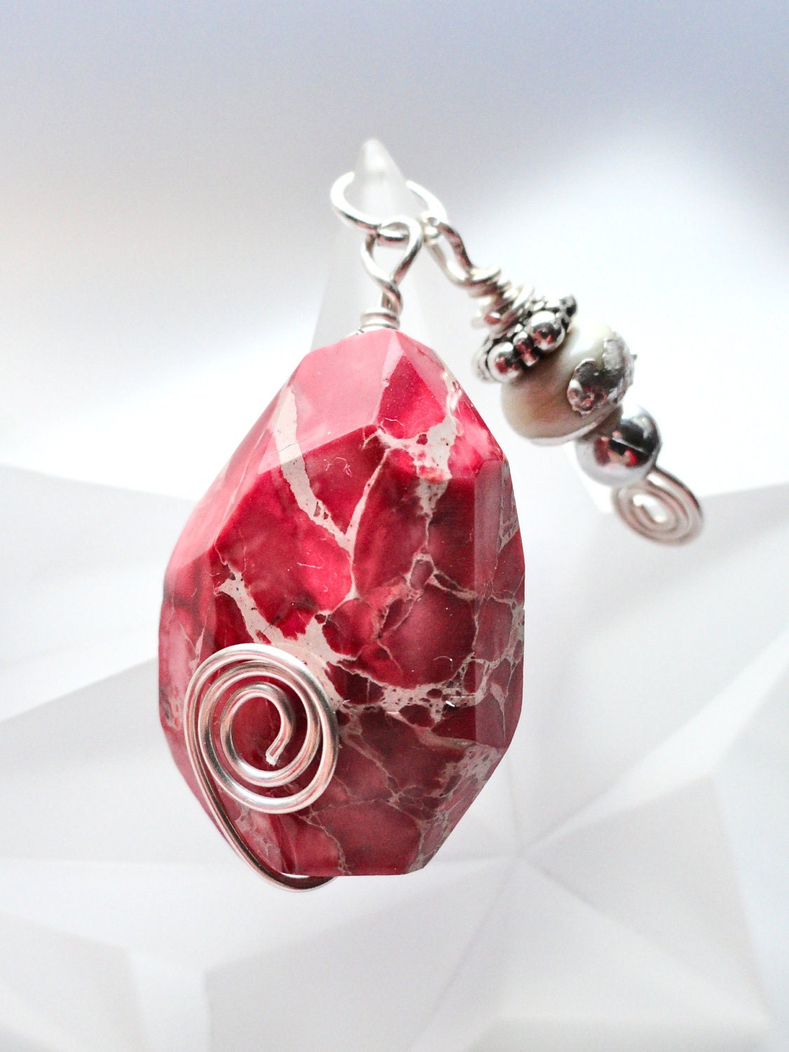 Coral Fushia Jasper Pendant with Ivory Lampwork Bead Dangle