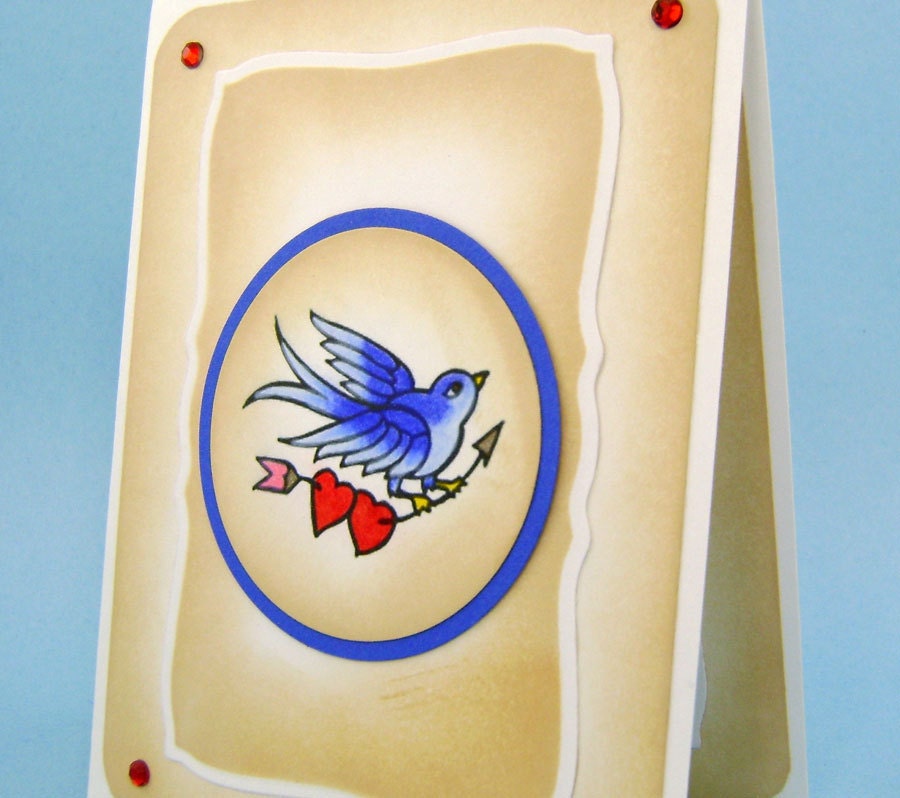 Tattoo Art Wedding Card Bird Carrying Arrow Piercing Two Hearts White 