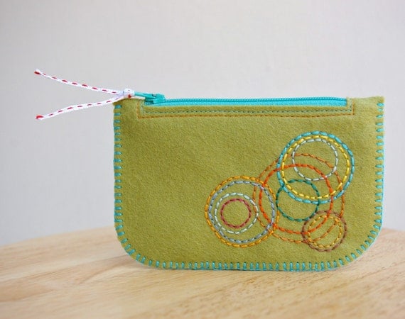 Colorful Circles: Made To Order Hand Embroidered Wool Felt Coin Purse or iPhone Cozy by LoftFullOfGoodies