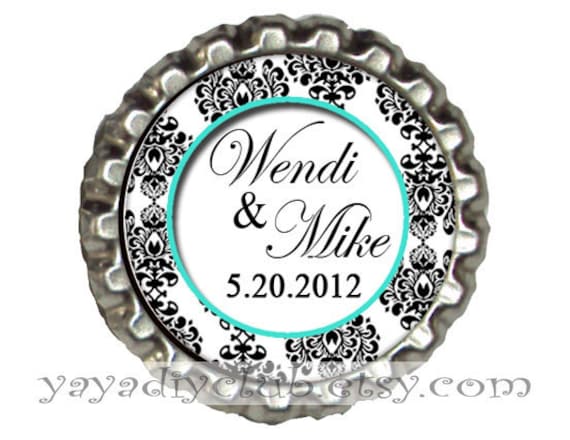 Custom Wedding Save the Date Magnets Tiffany Blue Black and White Damask 