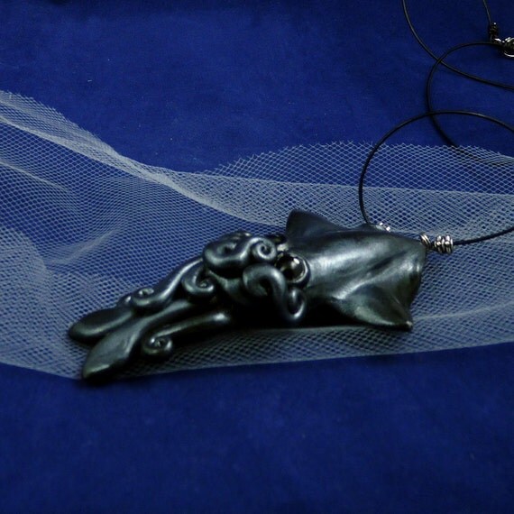 Gray Squid Necklace - Polymer Clay Squid Jewelry
