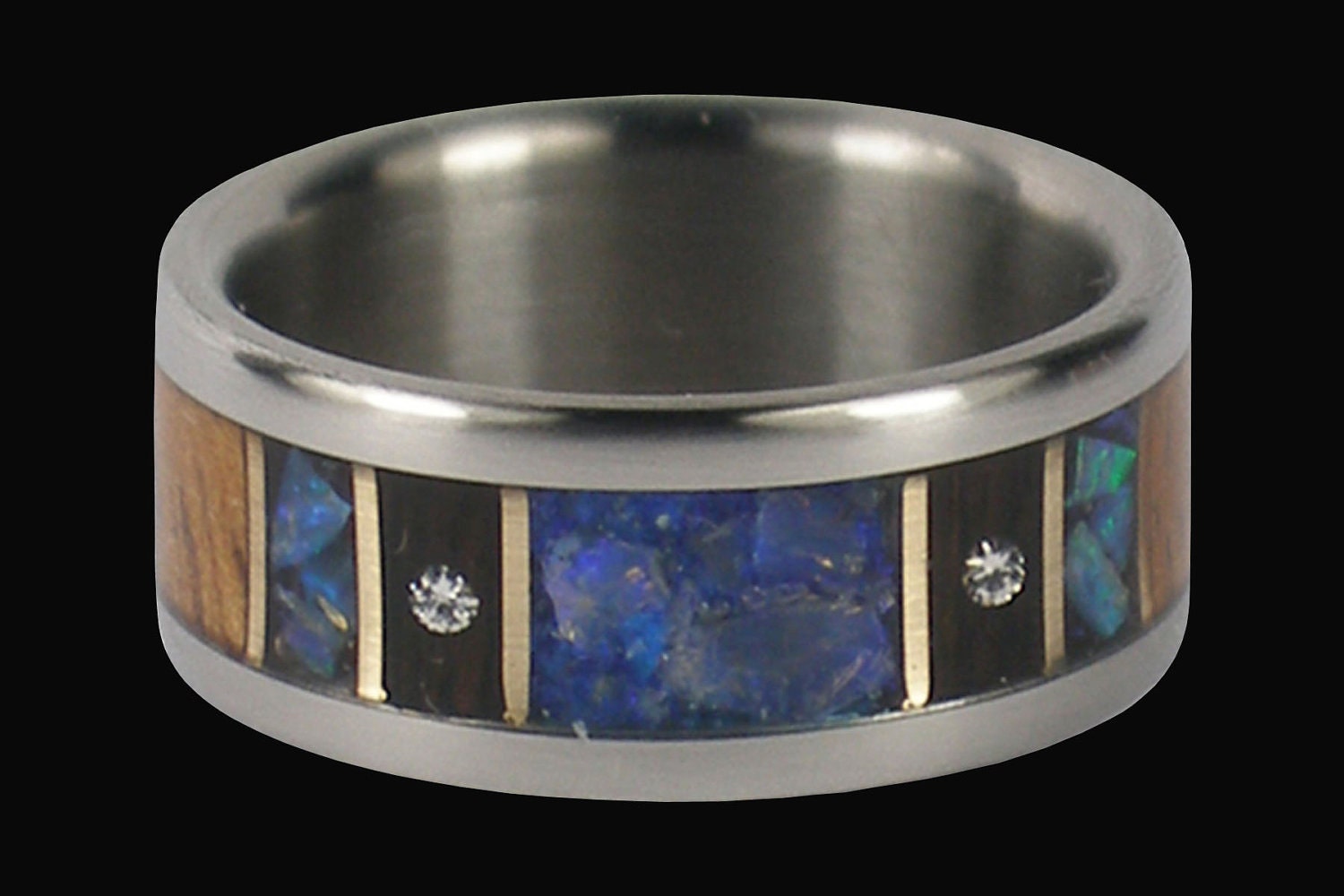 Blue Opal Titanium Wedding Ring Band with VS Diamonds and Gold Unique Deisgn