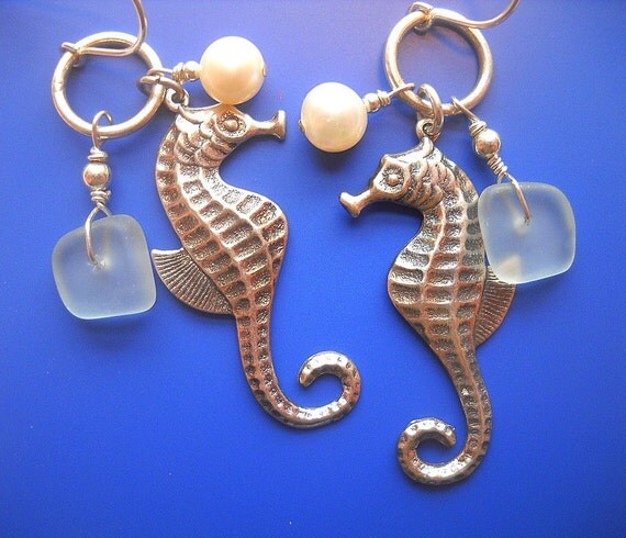 Sea Horses - Sterling Silver - Fresh Water Pearls - Beach Glass