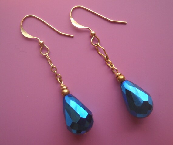 Metallic Blue Faceted Crystals - Gold Chain Earrings