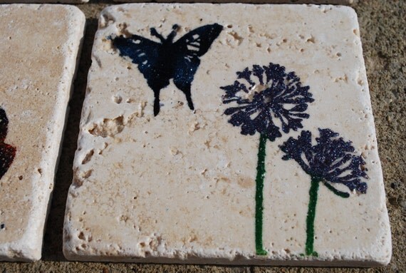 Natural Stone Butterfly Garden Drink Coaster (Set of 4)