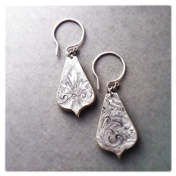 Black and White Print Earrings - Teardrop - Upcycled - Art Nouveau Inspired By Roia O'Brien