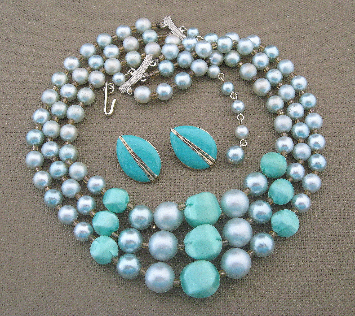 Vintage Japan Blue Bead Necklace Earrings Set