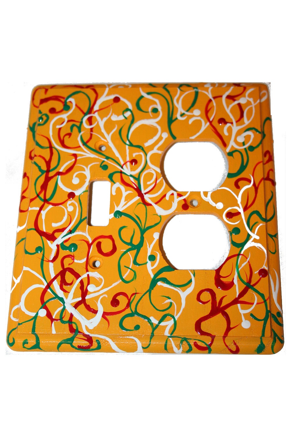 Hand Painted Toggle Duplex Outlet Cover Plate- Yellow with Red, White and Green Swirls