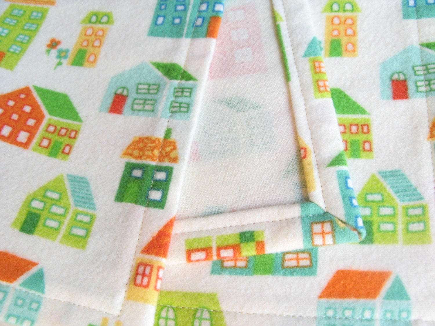 Cloth Beverage Dessert Lunch Napkins Little Houses Flannel Set of Two