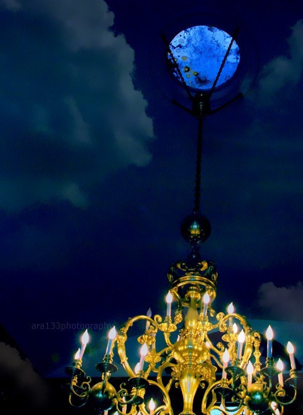 SALE 30% OFF Navy Blue Photo-At the stroke of midnight- 5x7 Inch Surreal Abstract Photography of a chandelierin the sky