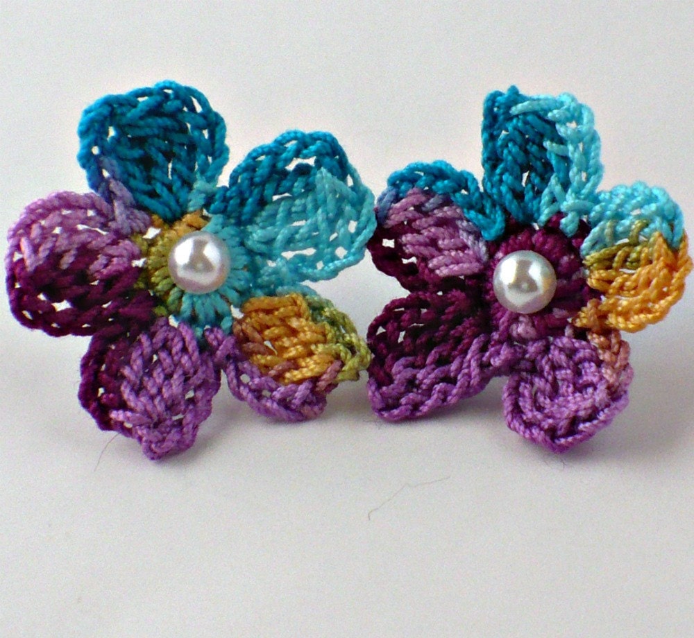 Crochet Earrings Flower Stud Earrings Hypoallergenic Dark Teal Berry Purple Orange Turquoise