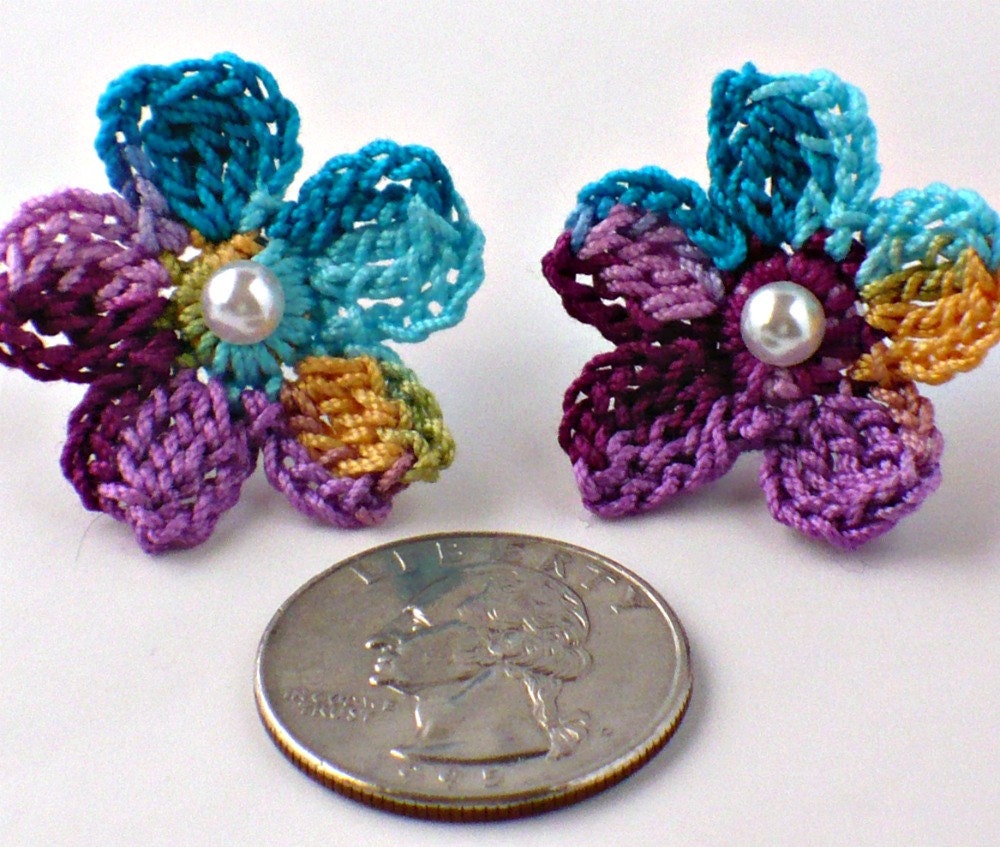 Crochet Earrings Flower Stud Earrings Hypoallergenic Dark Teal Berry Purple Orange Turquoise