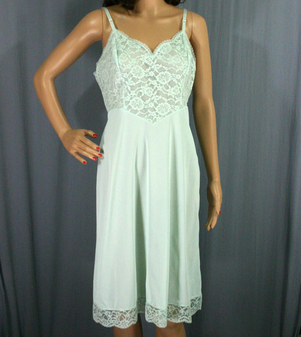 60s Mint Green Chiffon and Lace Full Slip Dress by Vanity Fair, 36 - Vintage Lingerie