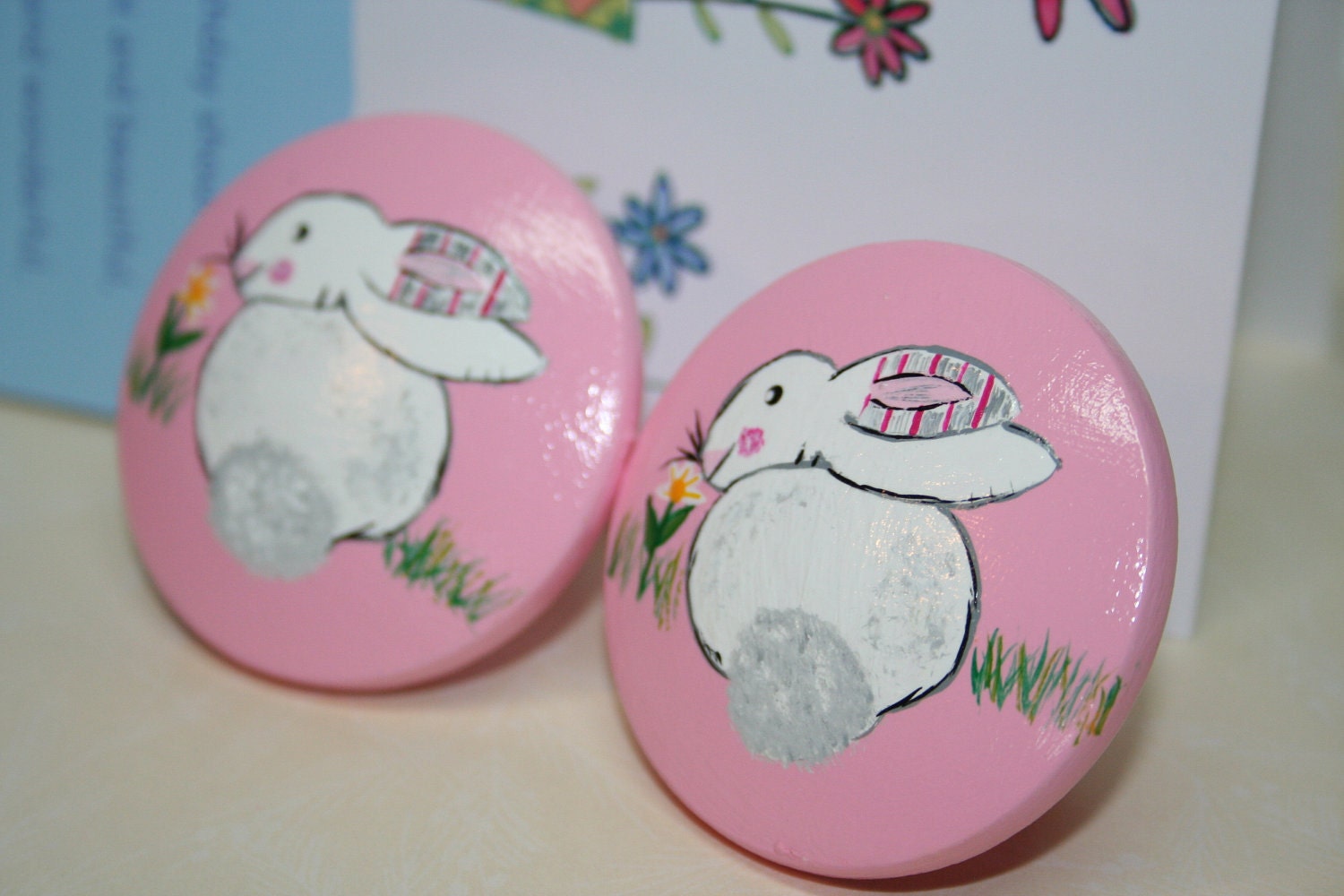 White Bunny or Rabbit with a Pink Background Knob