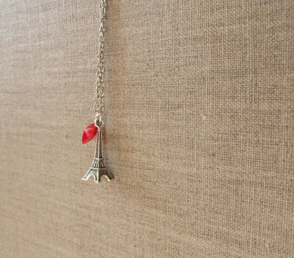 I Love Paris - Eiffel Tower charm and red heart on antique silver chain - whimsical, funky